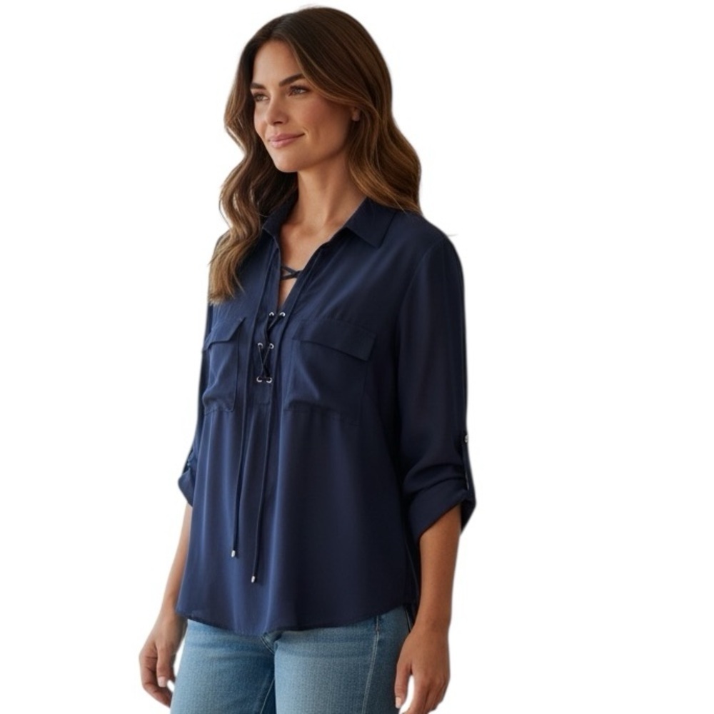 New York & Company Navy Blue Lace Up Blouse Size L Long Sleeve